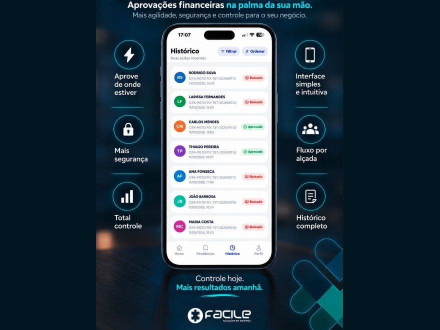 Peça de divulgação do app Facile Approvals: aprovações financeiras na palma da sua mão