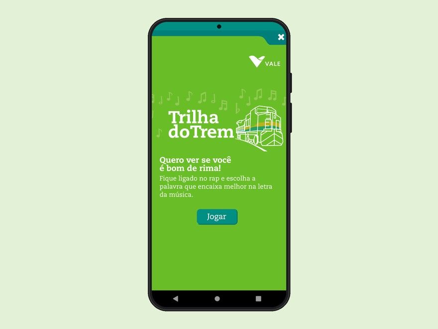 Celular mostrando a tela inicial do jogo Trilha do Trem no app Trem de Passageiros da Vale